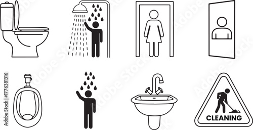 Bathroom Restroom Facility Icons Toilet Shower Urinal Sink Cleaning