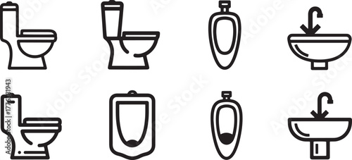 Outline bathroom and toilet signs set linear icons shower urinal sink symbols
