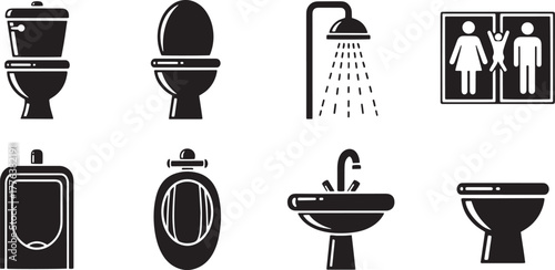 Bathroom and toilet signs set black simple icons shower urinal sink restroom symbols