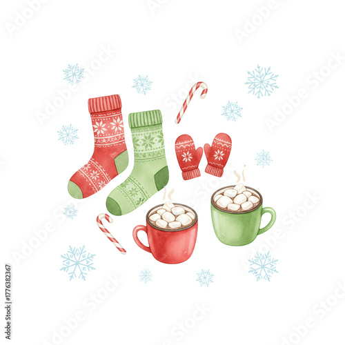 Christmas Hot Cocoa with Festive Socks and Mittens PNG