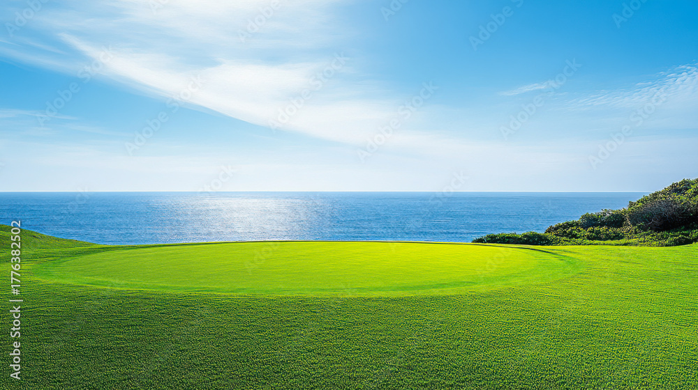 Fototapeta premium Beautiful green grass lawn with a blue sky and sea background