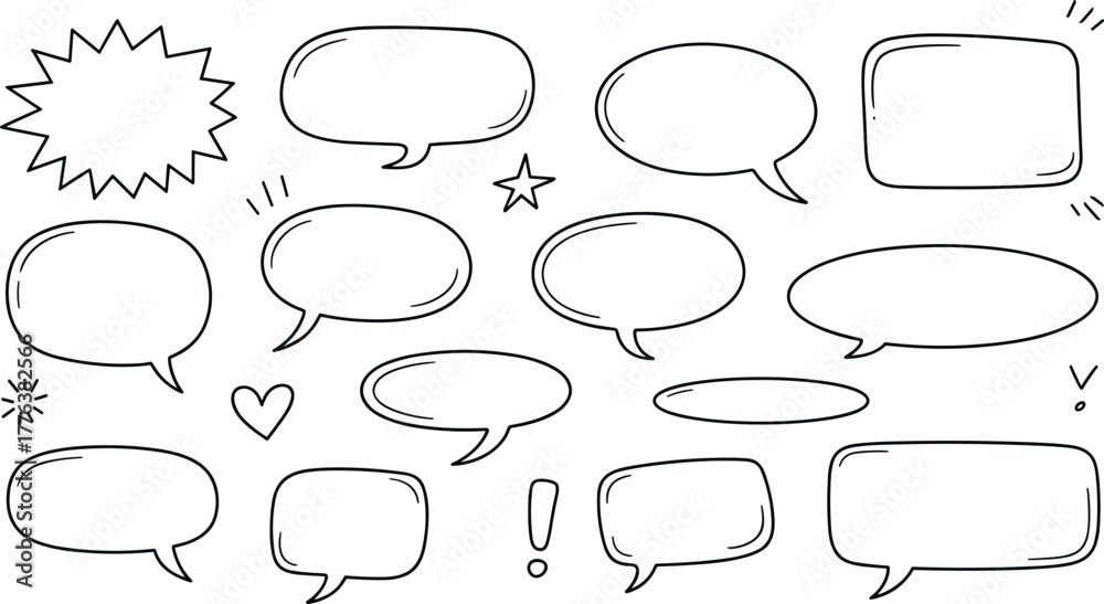Obraz premium Hand drawn speech bubbles collection with comic style doodle chat frames and empty dialogue callout shapes on white background