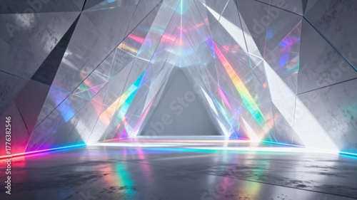 Fototapeta Naklejka Na Ścianę i Meble -  Holographic Prism Tunnel Iridescent Silver Abstract Background
