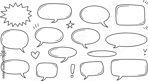 Hand drawn speech bubbles collection with comic style doodle chat frames and empty dialogue callout shapes on white background