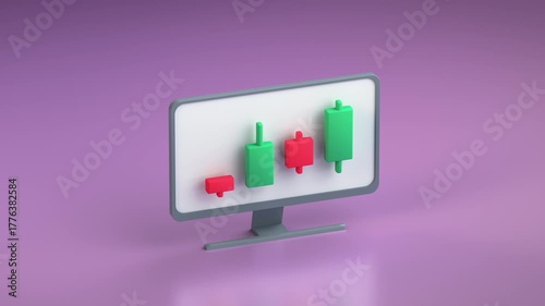 Computer monitor displaying a Stock Market candlestick chart. Minimal illustration symbolizing stock trading, cryptocurrency, financial analysis, and investment growth. 3D render animation