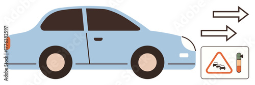 Blue car emitting exhaust alongside pollution indicators and warning signs. Ideal for transportation, environment, sustainability, climate change, ecology, eco-awareness, education. Simple flat