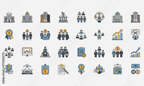 Business and finance icons, set of various icons related to money, profit, and management