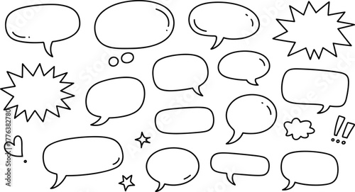 Hand drawn speech bubbles collection with comic style doodle chat frames and empty dialogue callout shapes on white background