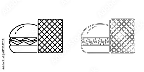 Burger and waffle icon, simple line art and filled version