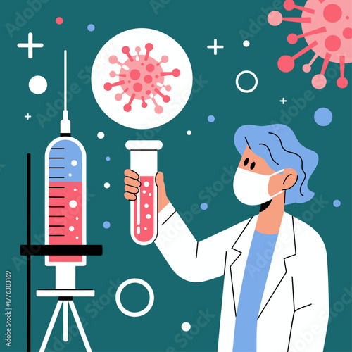 Medical Scientist Researching Vaccine Illustration with Syringe and Virus Concept.