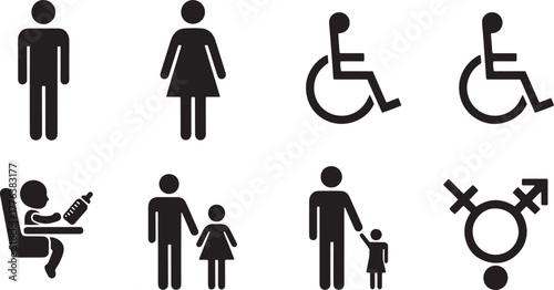 Public Restroom Signs Diverse People Figures Accessibility Care Vector Set