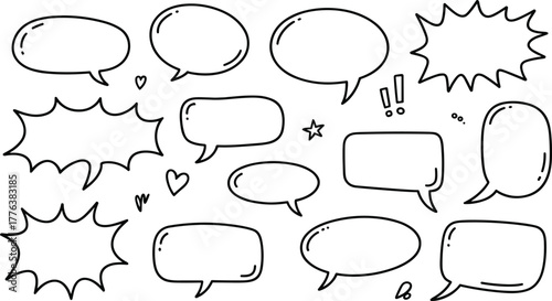 Hand drawn speech bubbles collection with comic style doodle chat frames and empty dialogue callout shapes on white background