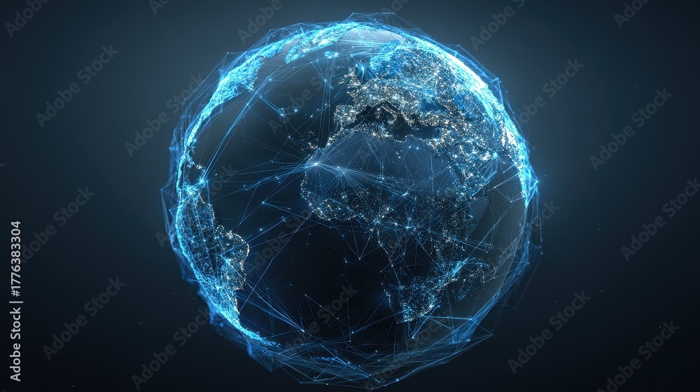 Naklejka premium 3D-rendered globe with bright blue network links connecting major cities, symbolizing worldwide internet connectivity, digital communication, and global business, isolated on dark gradient background.
