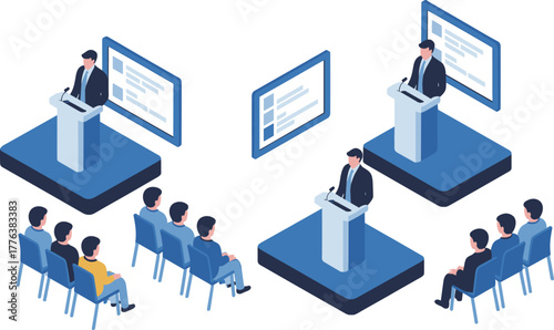 Isometric business conference illustration with professional speaker giving presentation on stage to audience during corporate meeting or seminar event