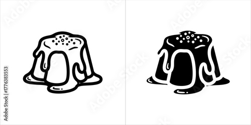 Two simple black and white icons of a pudding dessert with sauce