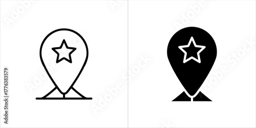 Location pin icon with a star inside, presented in outline and solid black versions