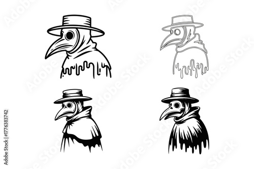 Conceptual vector illustrations showcasing the enigmatic plague doctor, an iconic historical figure with a mysterious beaked mask, symbolizing past medical crises and resilience