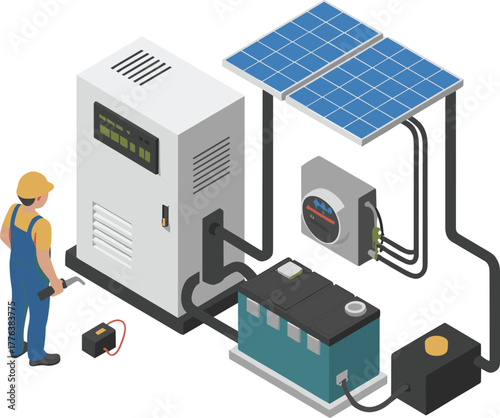 Isometric illustration of solar energy system with technician inspecting photovoltaic panels, battery storage, inverter, and control unit for renewable power efficiency