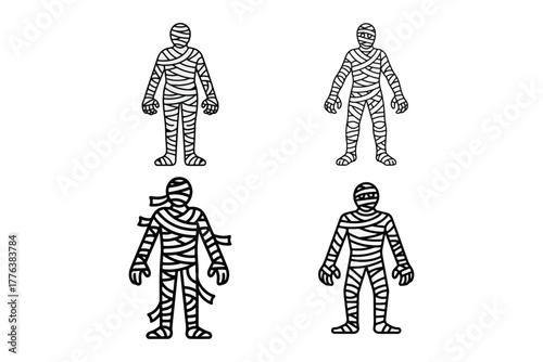A collection of distinct, hand-drawn outline illustrations featuring four different full-body mummy characters, perfect for Halloween themes, ancient Egyptian concepts, or spooky design projects