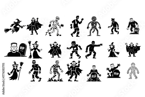 Halloween Vector Graphics of Various Spooky Monsters, Creatures, and Characters for Spooky Party Decorations, Invitations, and Decorations