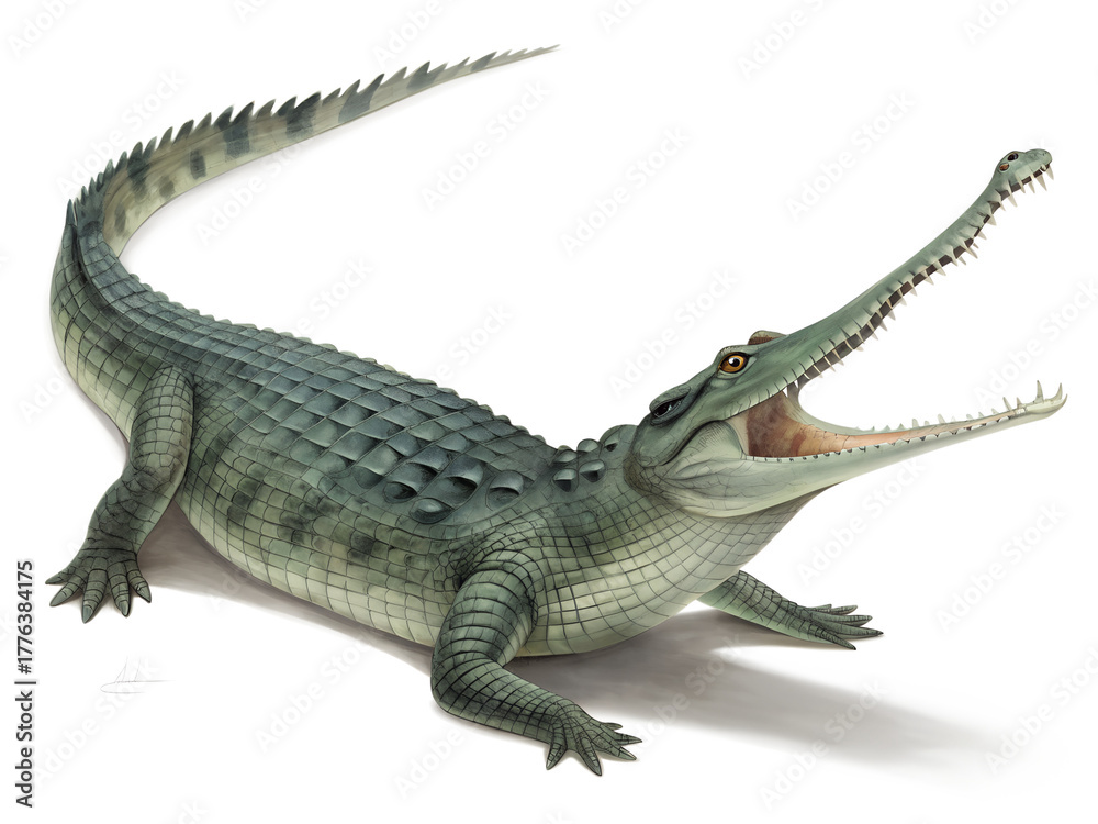 Naklejka premium An isolated gavial with green scaly skin stands on a transparent background, mouth wide open, showing sharp teeth.