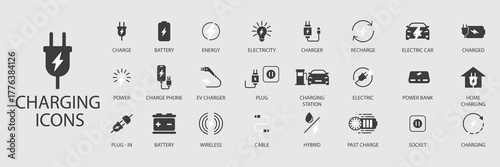 White and Black Charging Battery and Power Plug Vector Icon Set