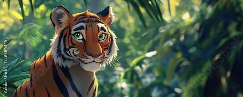 Majestic tiger illustration in a lush jungle environment