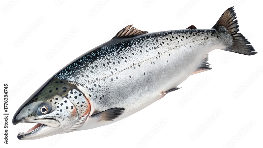 Naklejka premium A delicious fresh whole salmon fish with shimmering scales is captured cleanly, ready for isolated placement on any transparent background.