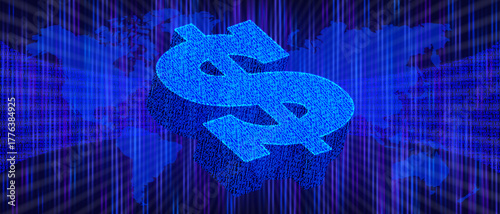 Vector 3D digital glow dollar sign. Futuristic abstract blue deep internet space. Numbers, planet map and laser beams. Money of future. Web finance and economics