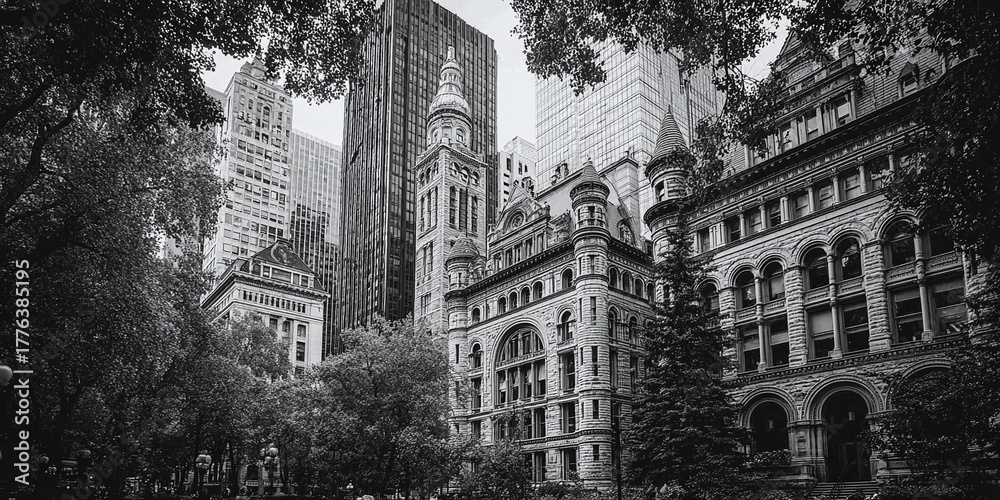 Fototapeta premium Monochrome cityscape featuring historic and modern architecture in an urban setting