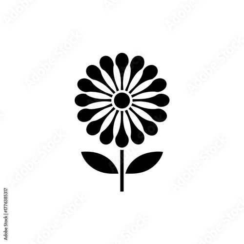 Simple black flower with petals and leaves isolated on transparent background silhouette