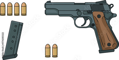Photos Realistic digital illustration of handgun pistol with ammunition bullets and mag