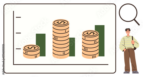 Coin stacks alongside rising bar graph elements indicate financial growth and analysis. Person nearby with a magnifying glass emphasizes observation and study. Ideal for finance, investment, data