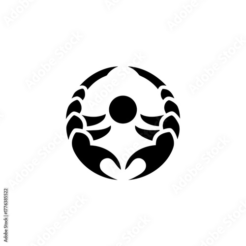 Stylized scorpion with circular tail and claws logo on transparent background silhouette