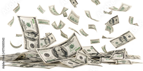 Many hundred dollar bills are falling and scattering, creating a rain of money, isolated on a clean transparent background.