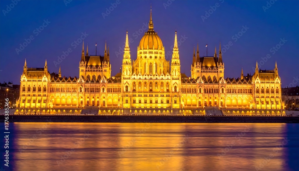 Fototapeta premium Illuminated grand building with dome and spires reflects golden light onto a still body of water at twilight
