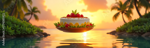 levitating tropical dessert floats lush green island landscape sunset illuminated warm golden light wispy palm trees