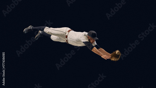Baseball outfielder fully extended dive attempting airborne catch. Concept of split-second athleticism, reflex intensity, sports biomechanics for coaching and performance analysis.