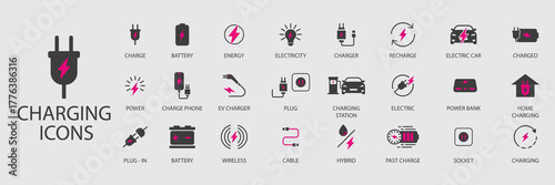 Pink and Black Charging Battery and Power Plug Vector Icon Set