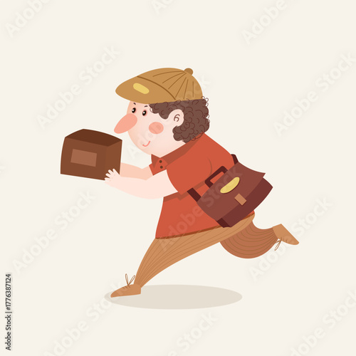 Man with Hat and Bag Running in Adventurous Cartoon Style