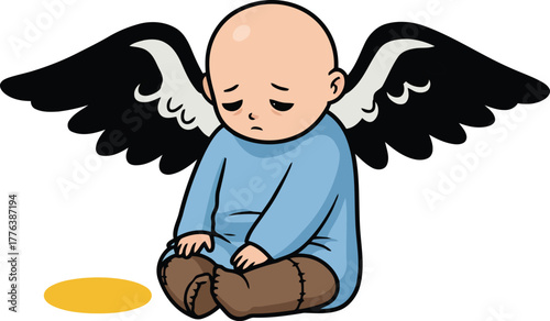 Sad baby angel with black wings holding corn vector