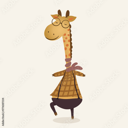Giraffe in Vest and Glasses in Polite Cartoon Style