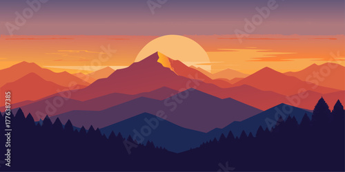 Majestic Mountain Range at Sunset with Sun mountains