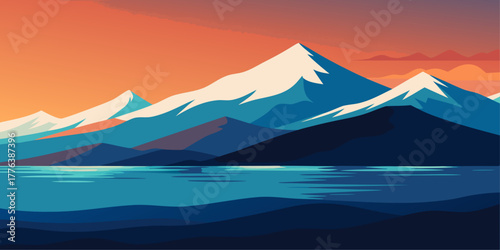 Majestic Snow- Capped Mountains Over a Lake at Sunset