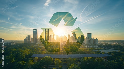 a stunning cityscape is framed by a symbol of recycling, highlighting a vision for sustainable urban development and environmental responsibility.