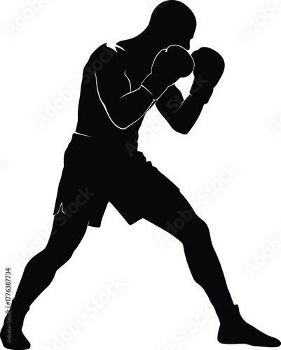 Dynamic boxing silhouette fighter intense stance action art vector