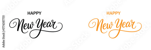 Spark joy with elegant 'Happy New Year' script in black and vibrant orange, ideal for festive cards, invitations, and celebratory graphic designs. A classic touch for any holiday.