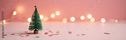 diminutive intricately designed christmas tree ornament shines soft pink background amidst festive confetti twinkling lights