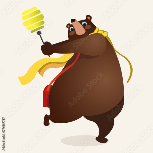 Brown Bear with Paint Roller and Yellow Scarf in Cartoon Style