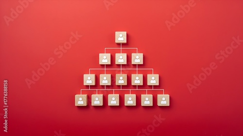 a company structure with various levels, illustrated through connected blocks against a red backdrop. This image signifies hierarchical structure, team organization